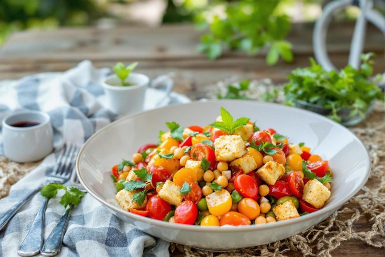 Salade de tomates aux pois chiches, harissa et croûtons.jpg