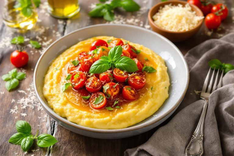 Vous cherchez une alternative aux sempiternelles pâtes ? Essayez cette polenta crémeuse au parmesan, tomates rôties et basilic.jpg